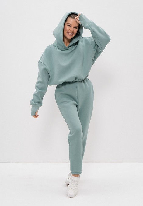 Костюм с начёсом из футера худи оверсайз со штанами оливковый 1144 Cleo