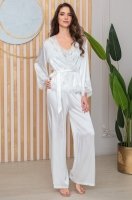 Элегантная белая пижама 3 предмета из шёлка с кружевом Аделина 4176 Mia-Amore