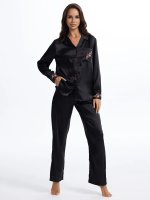 Шёлковая пижама рубашка с брюками Валенсия 3266 чёрная Mia-Amore