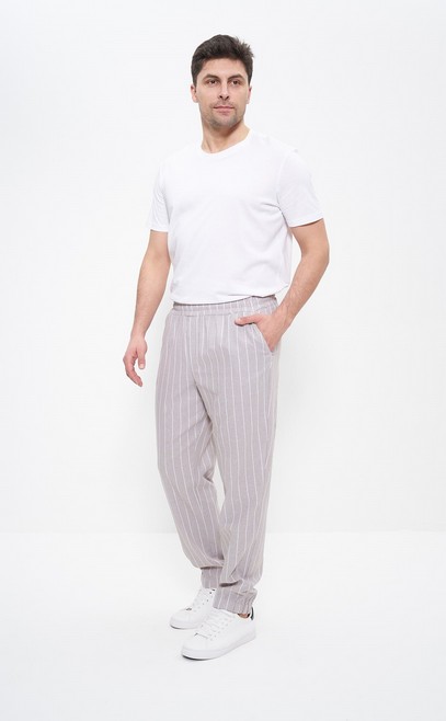 Брюки мужские летние льняные 1018 Cleo бежевая полоска