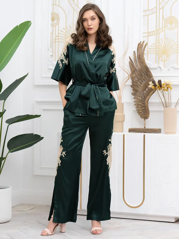 Шёлковая пижама тройка с ажуром и широкими брюками Феллини 3916 Mia-Amore