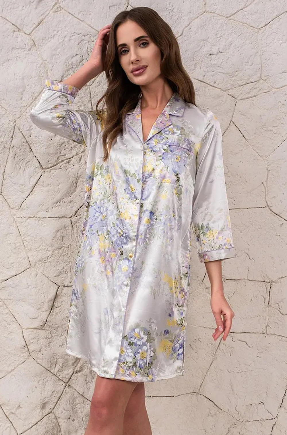 Шёлковый халат-рубашка на пуговицах домашний Lilianna Лилианна 3257 Mia-Amore