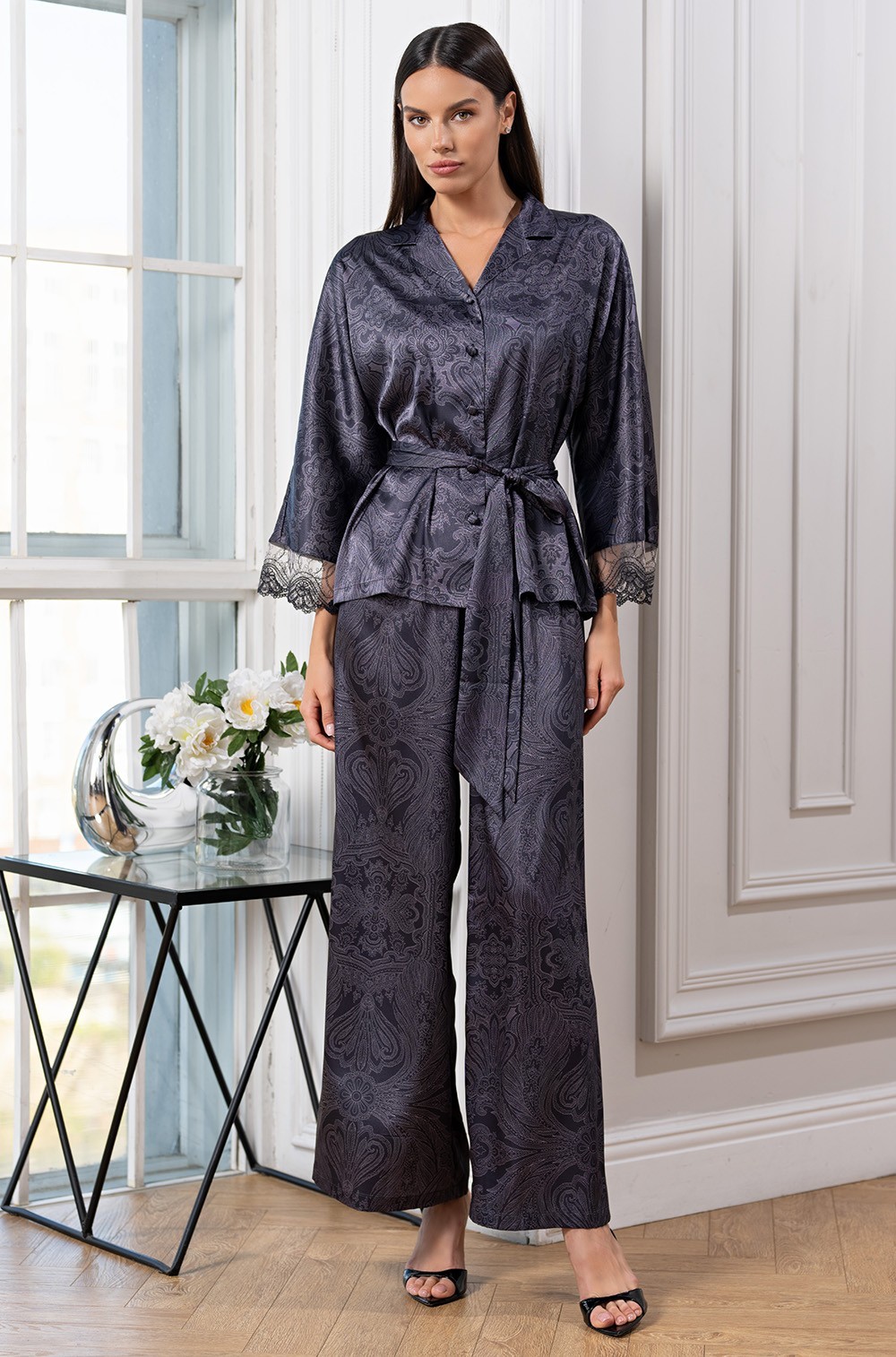 Элегантная шёлковая пижама жакет на пуговицах брюки Алетта 4446 Mia-Amore