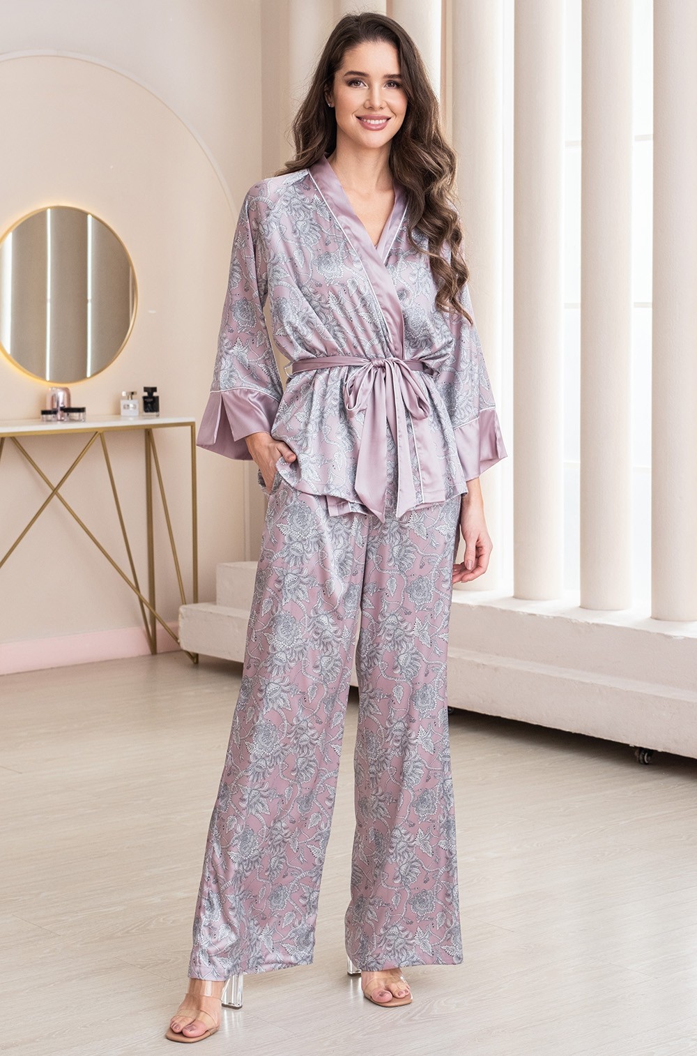 Шёлковая пижама-тройка с брюками розовый/жемчуг 5166 Ребекка Mia-Amore