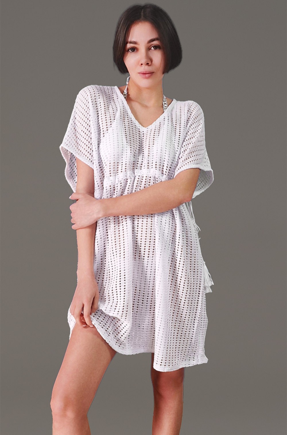 Пляжная туника белая из хлопковой сетки Сейшелы 5384 Mia-Amore