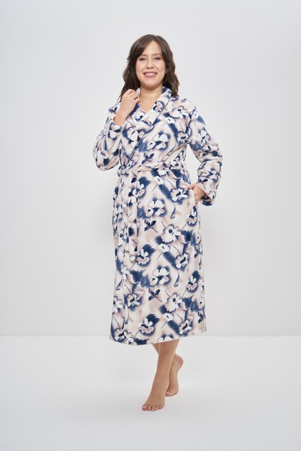 Халат тёплый женский домашний длинный велсофт 1240 беж/цветы Cleo