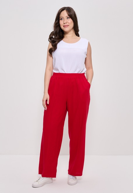 Брюки лен прямые широкие хлопок на резинке большие размеры красный 1429 Cleo