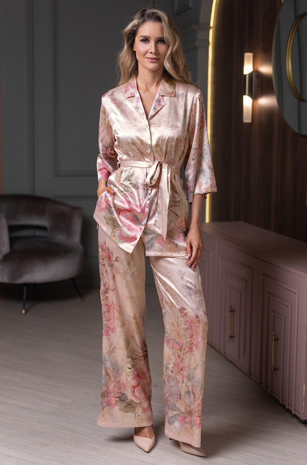 Шёлковая пижама жакет и широкие брюки Адажио 4536 Mia-Amore