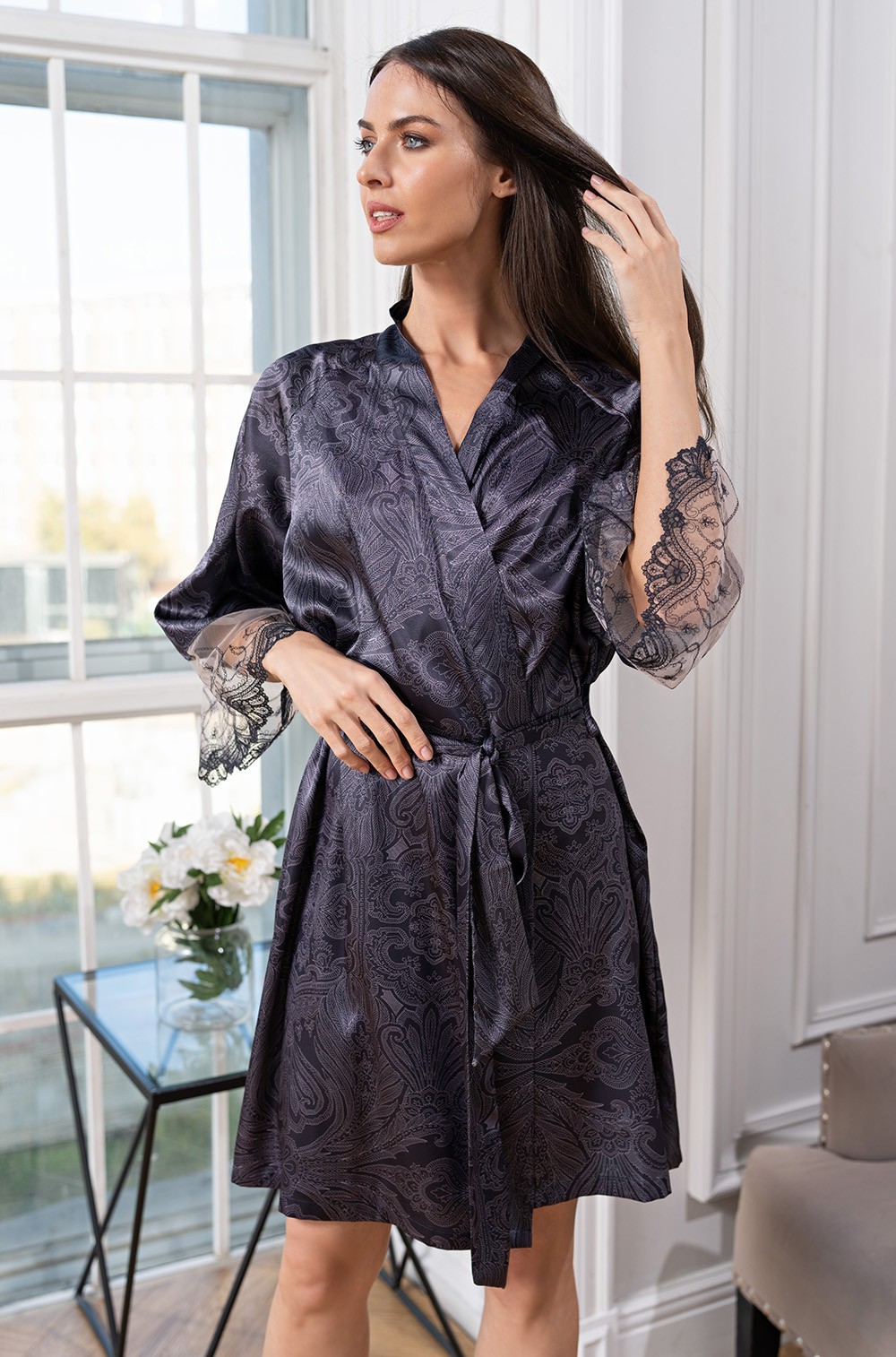 Шёлковый запашной халат короткий Алетта 4443 Mia-Amore