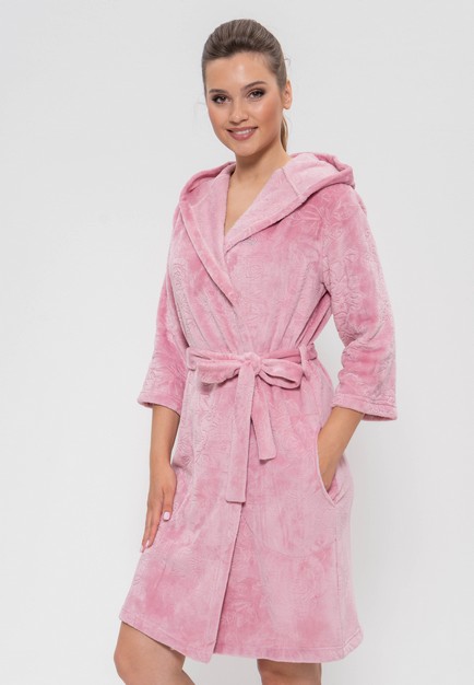 Халат теплый с капюшоном плюшевый женский запашной 1237 ч/роза Cleo