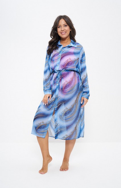 Пляжная туника длиннная шифоновая на пуговицах 1297 Cleo голубой