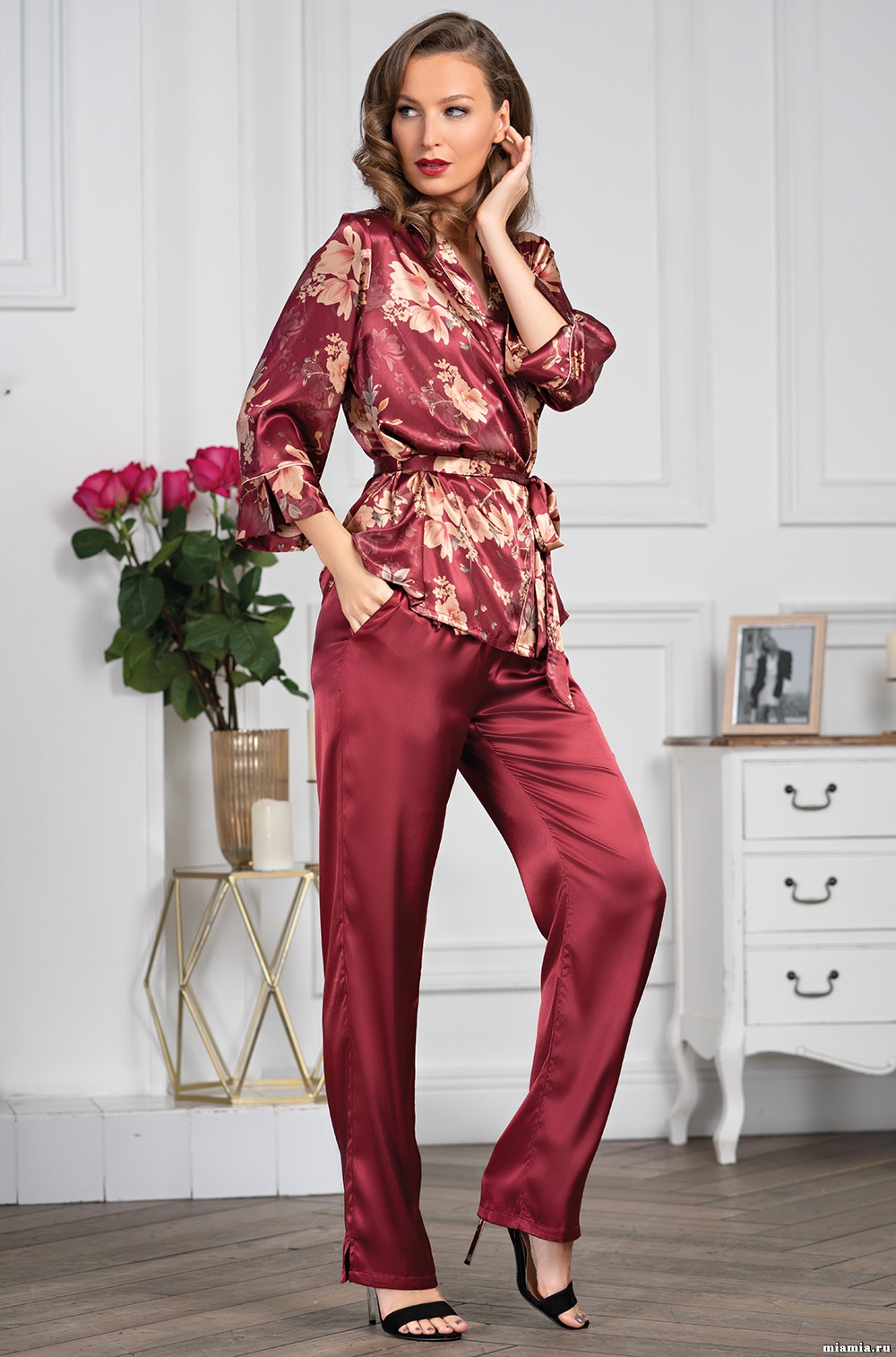 Шёлковая пижама-тройка жакет брюки топ Бургундия 3626 Mia-Amore