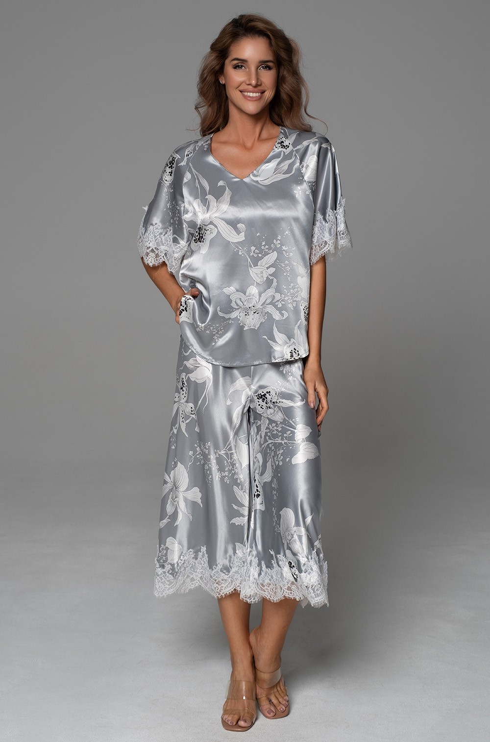 Шёлковая пижама блузка с брюками серебро 4775 Арабель Mia-Amore