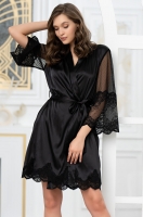 Шёлковый халат с кружевом чёрный с широкими рукавами Аурелия 3893 Mia-Amore