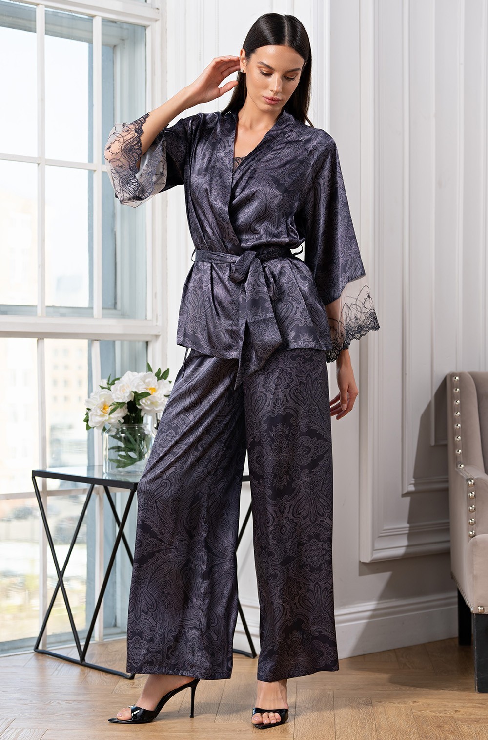 Элегантная шёлковая пижама жакет топ широкие брюки Алетта 4445 Mia-Amore
