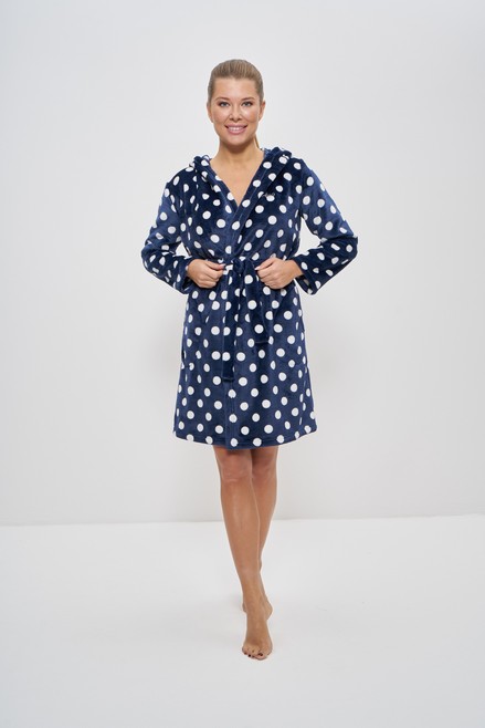 Халат банный с капюшоном плюшевый женский запашной 1237 синий горох Cleo