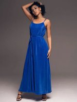 Длинное платье-сорочка плиссе синее на тонких бретелях Рокси 7378 Mia-Amore