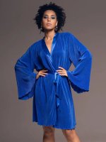 Элегантный халат короткий плиссе с широким рукавом синий Рокси 7373 Mia-Amore