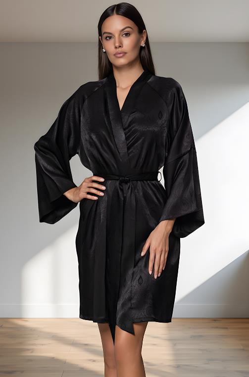 Халат короткий из жаккардового шёлка чёрный Анора 4803 Mia‑Amore