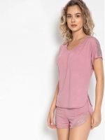 Пижама женская однотонная футболка и шорты 22292 брусничный Reina Турция