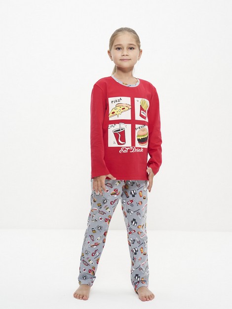 Пижама для девочки хлопок лонгслив длинный рукав со штанами красный 2031 Cleo