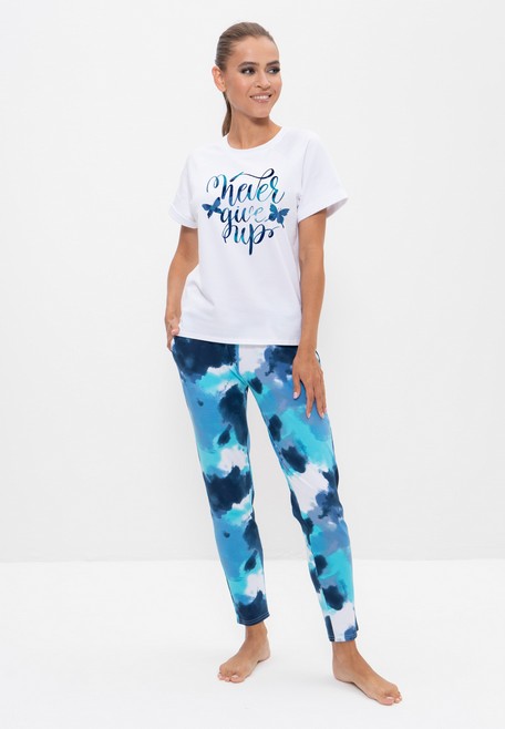Пижама женская футболка с брюками Cleo 1123 белый/бирюзовый