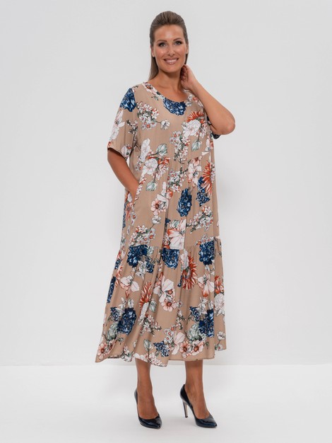 Платье женское длинное летнее из штапеля 1231 бежевый/цветы Cleo