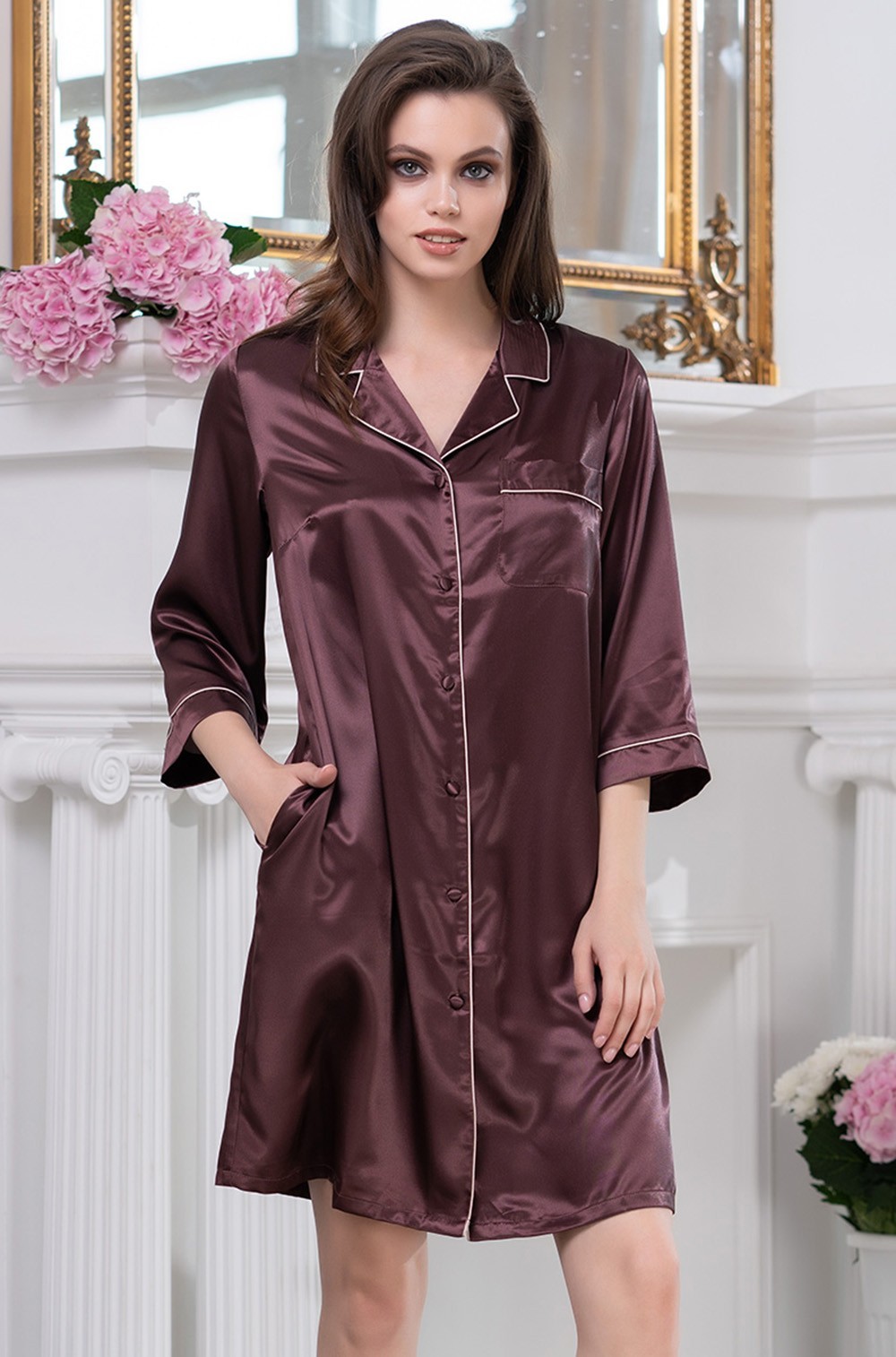 Рубашка домашняя женская атласная Джулия JULIA 8737 шоколад Mia-Amore