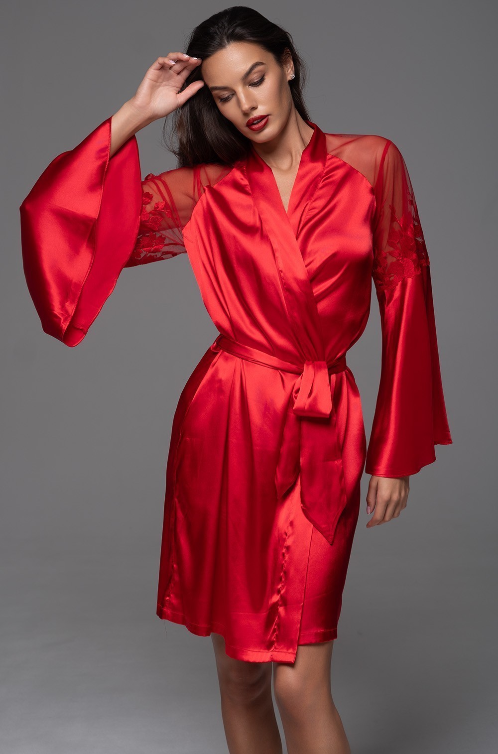 Роскошный шёлковый халат красный с кружевом Merlot 4743 Mia-Amore