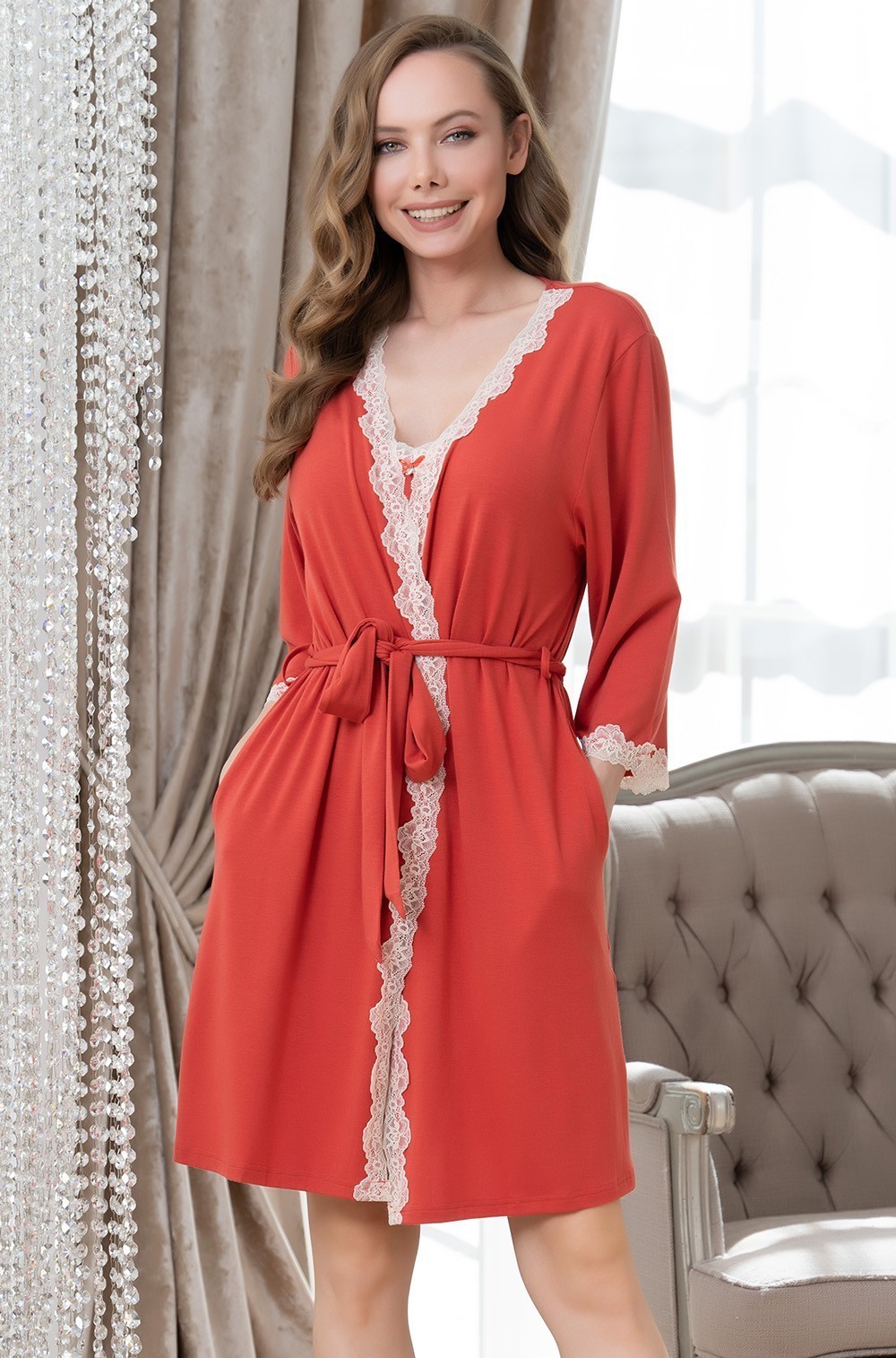 Халат женский домашний запашной из вискозы MARIA 1723 терракот Mia-Amore