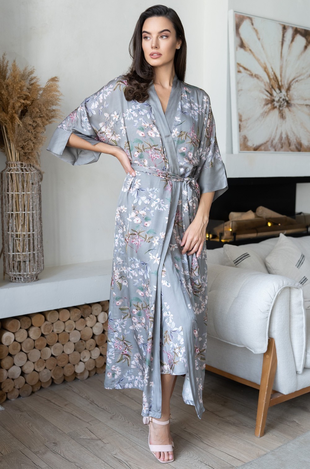 Шёлковый халат домашний серый с широким рукавом Амели 5049 Mia-Amore