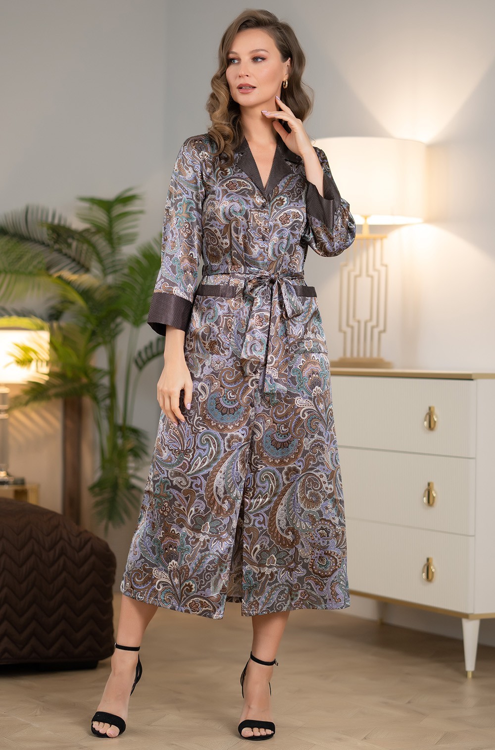 Шёлковый халат длинный на пуговицах домашний GINA Джина 3819 Mia-Amore