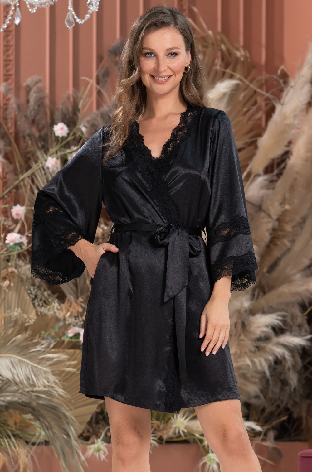 Купить Шёлковый халат женский короткий запашной чёрный 3793 FRIDA Mia-Amore  в интернет-магазине - Kokete