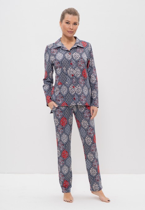 Пижама женская рубашка со штанами хлопок син/красн орнамент 1124 Cleo
