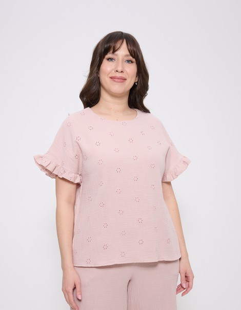 Топ летний женский из жатой вискозы с ришелье большие размеры беж 1424 Cleo