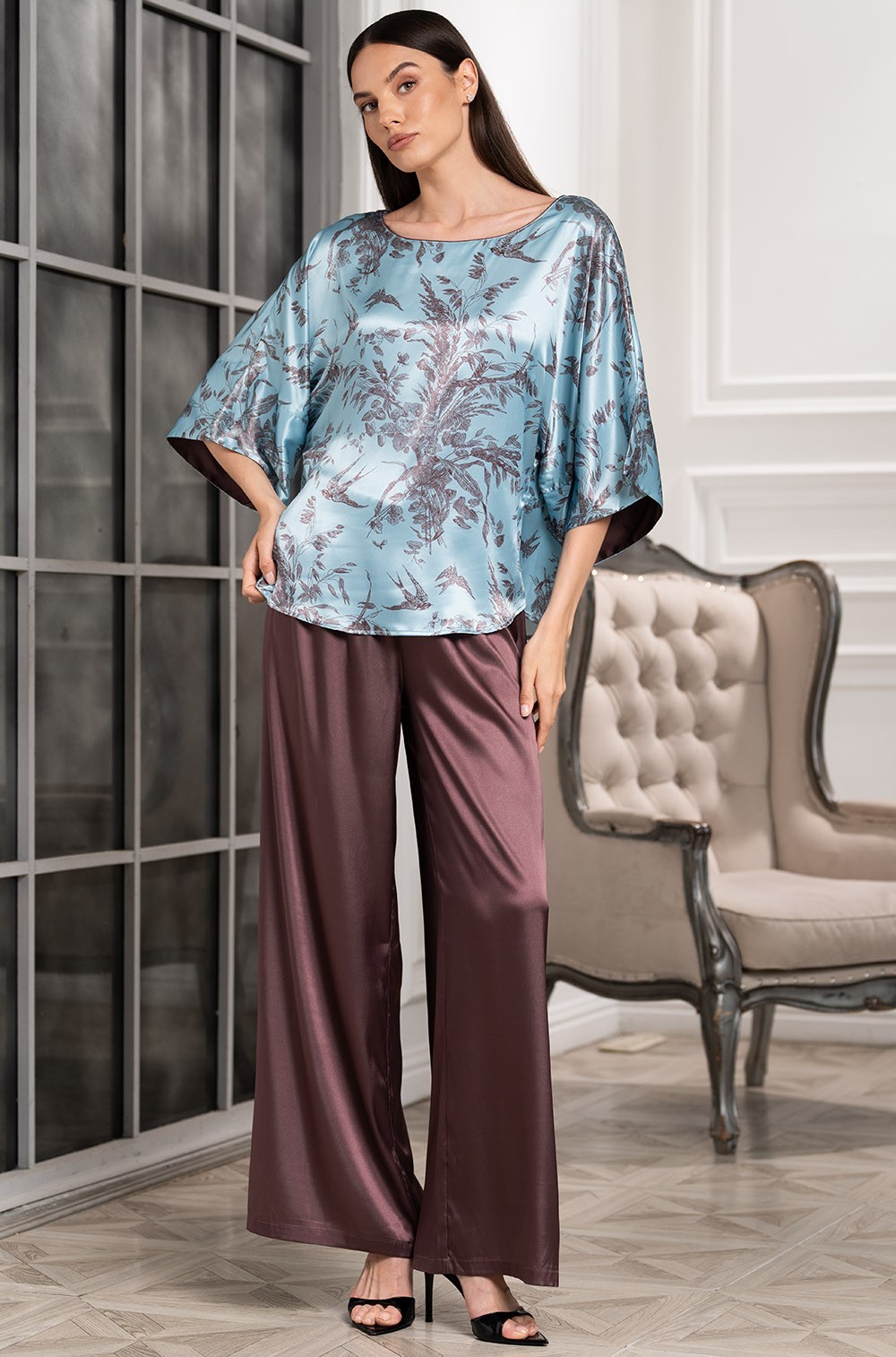 Шёлковая пижама топ и однотонные брюки-палаццо Просекко 4226 Mia-Amore