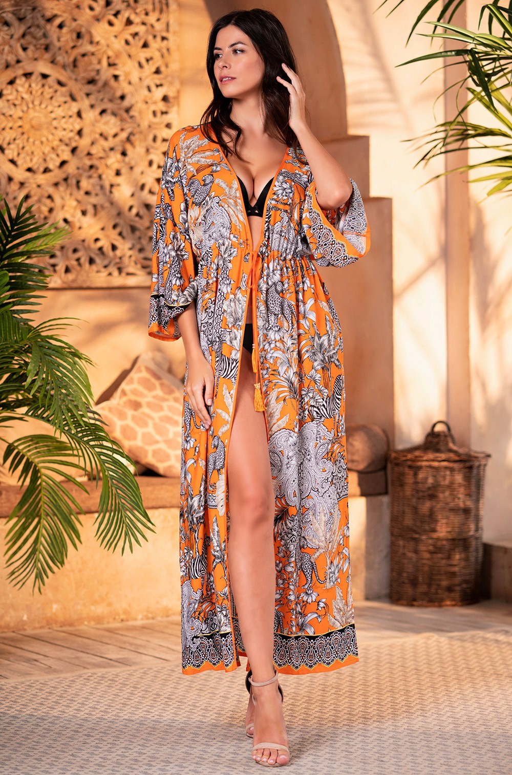 Пляжная туника длинная распашная на завязках Мадагаскар 1799 Mia-Amore