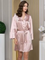 Шёлковый халат домашний запашной с ажуром Феллини 3913 пудра Mia-Amore
