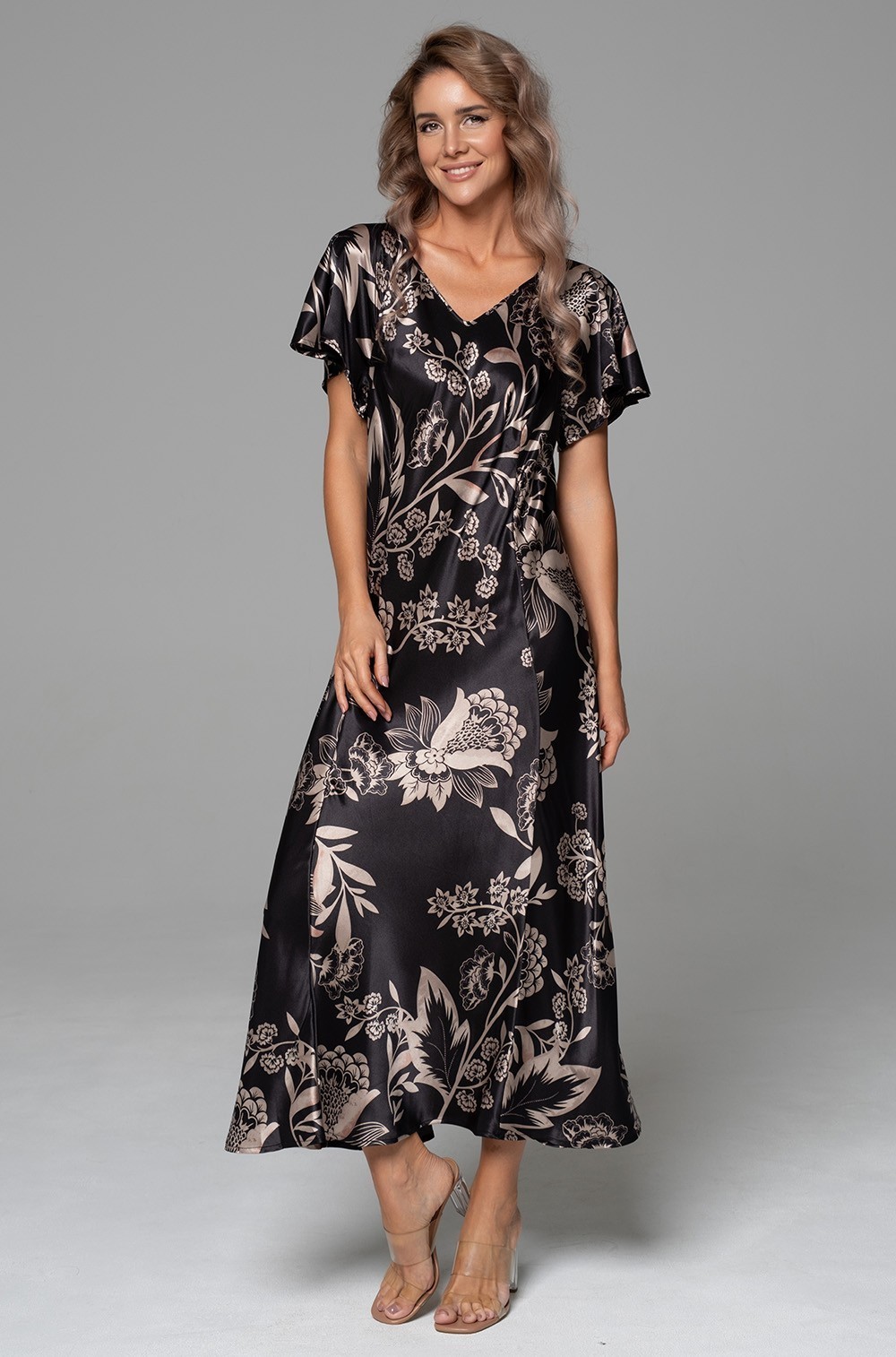 Шёлковое платье-сорочка длинное чёрное Кармина 4838 Mia‑Amore