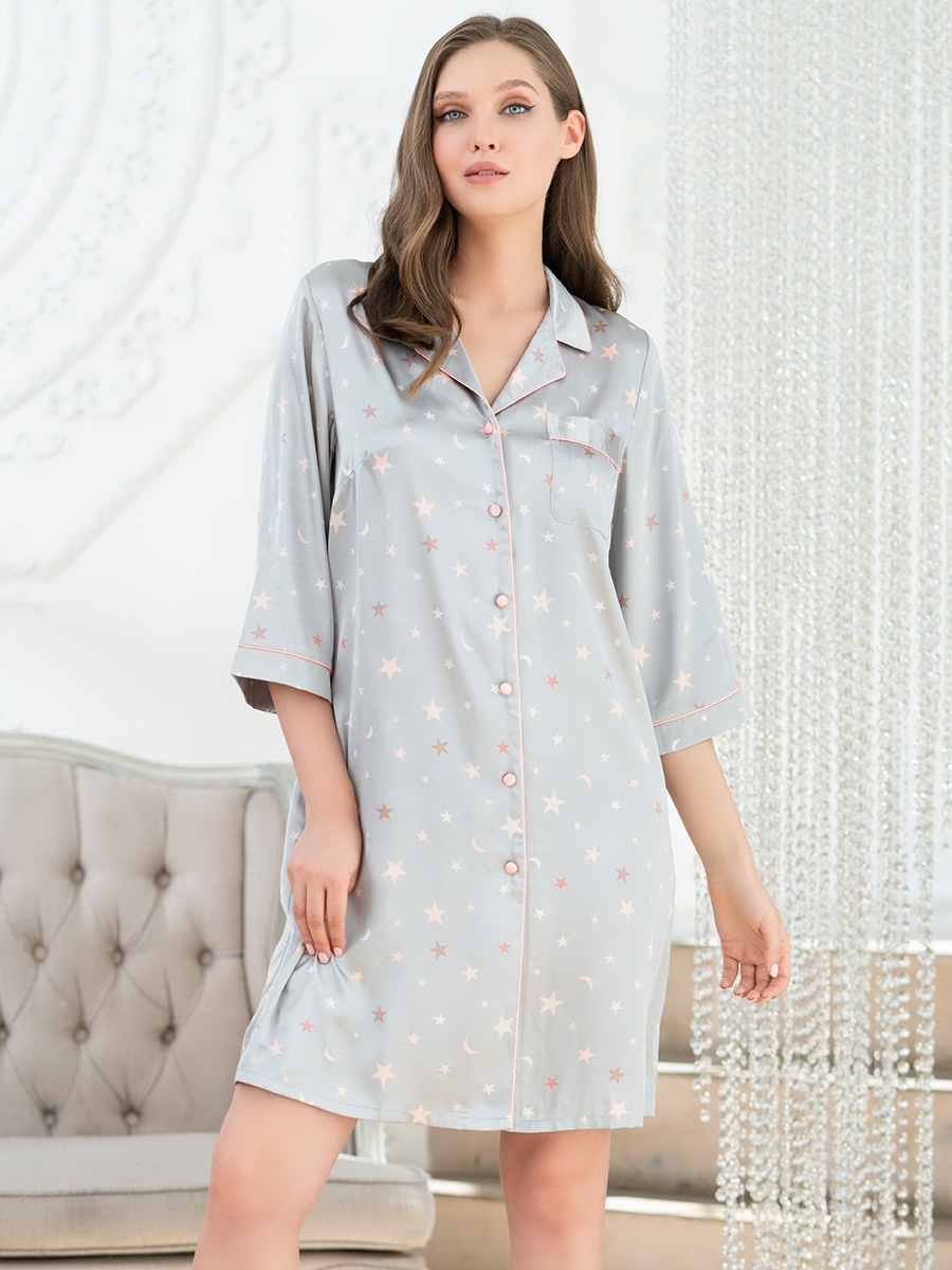 Атласная рубашка короткая JULIA Джулия 7077 серые звёзды Mia-Amore