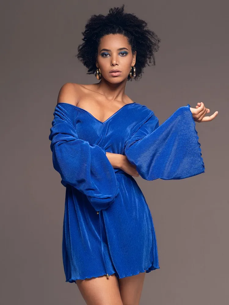 Эффектный комбидресс плиссированный синий Рокси 7375 Mia-Amore