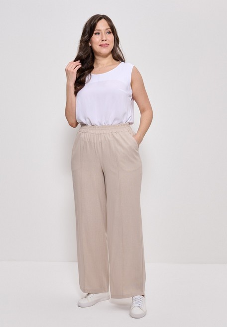 Брюки лен прямые широкие на резинке большие размеры бежевый 1429 Cleo
