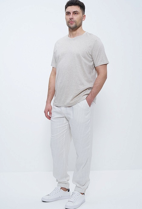 Брюки мужские летние льняные 1018 Cleo молочная полоска