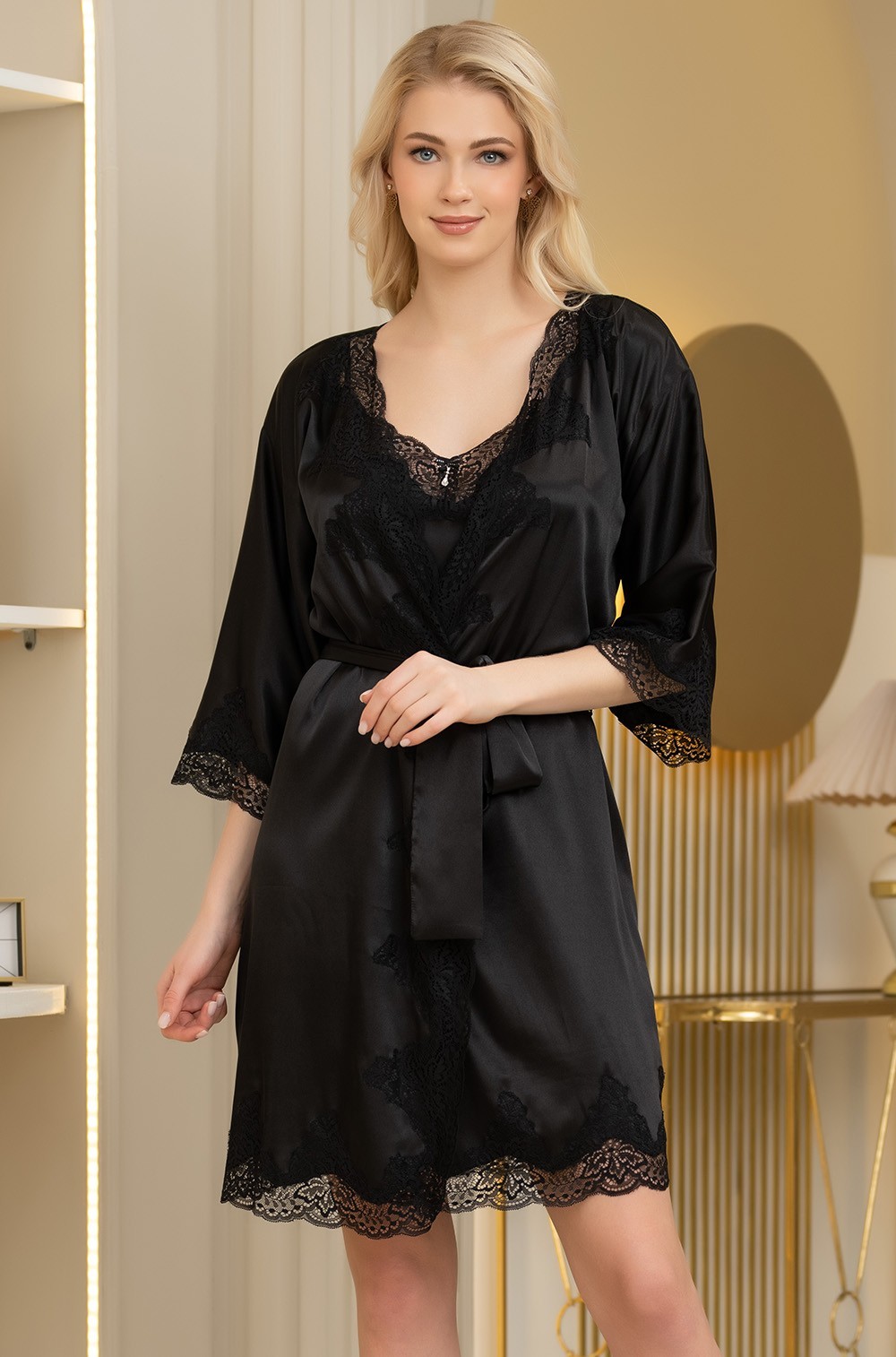 Шёлковый халат домашний запашной Арианна чёрный 3943 Mia-Amore