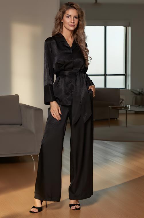 Шёлковая брючная пижама на пуговицах чёрная Анора 4806 Mia‑Amore