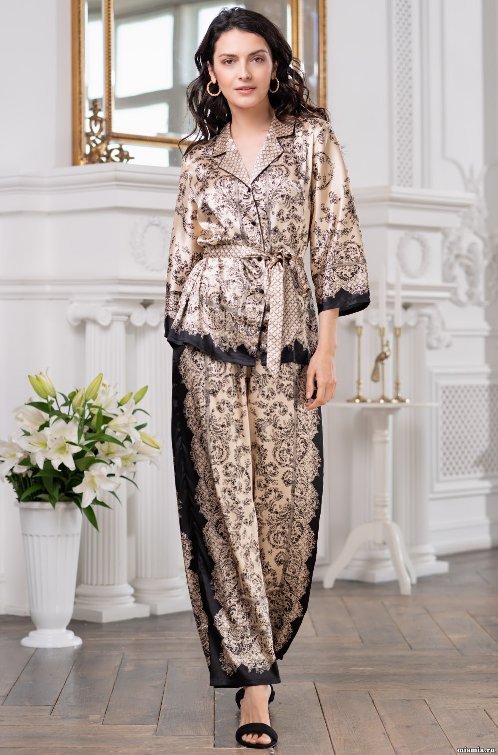 Стильная шёлковая пижама жакет на пуговицах брюки Пенелопа 3696 Mia-Amore