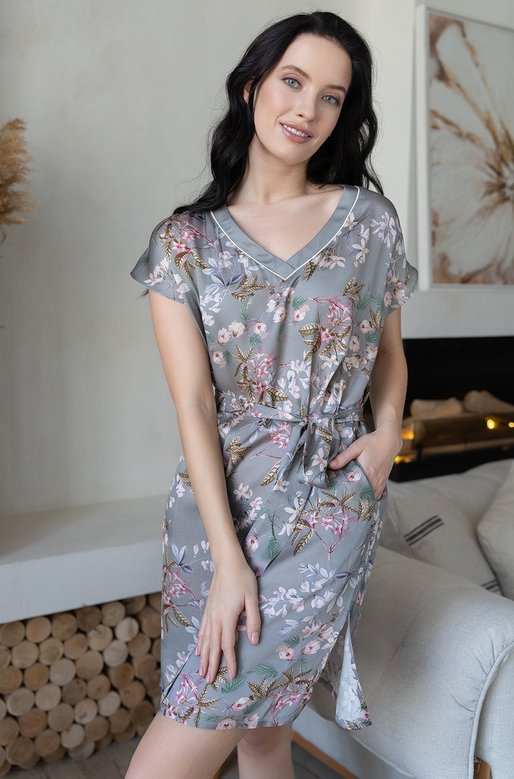 Платье-туника домашнее из шёлка с вискозой серое Амели 5047 Mia-Amore