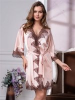 Шёлковый халат женский с тонким кружевом Мэрилин пудра 3103 Mia Amore