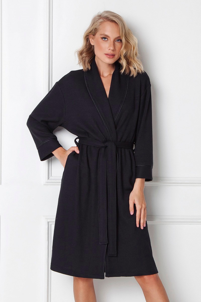 Халат женский чёрный в рубчик средней длины ANNALISE BLACK Aruelle