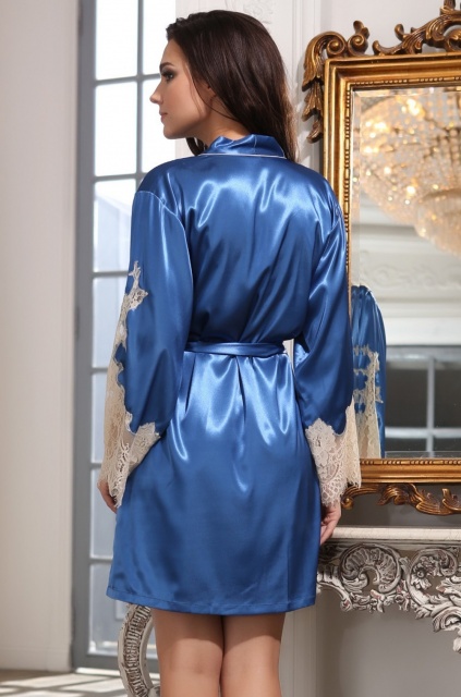 Шёлковый халат запашной с ажуром CHANTAL 3193 синий Mia-Amore